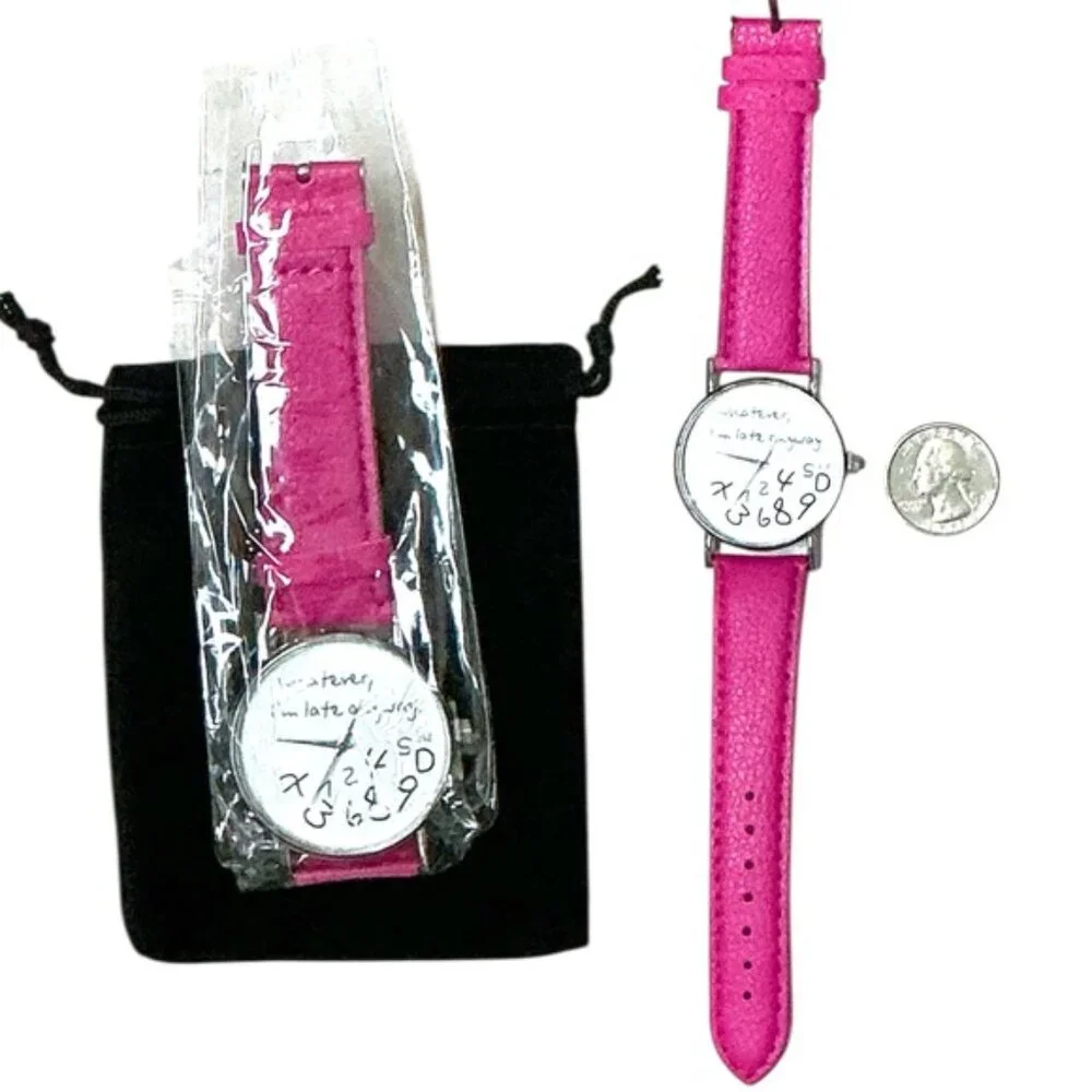 I’m Late Statement Watch Bright Barbie Pink PU Leather Buckle Band Strap Adult - Picture 10 of 16